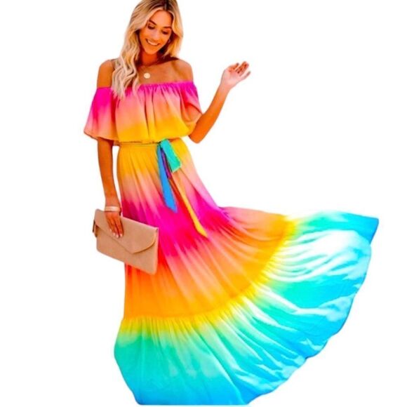 VICI Rainbow Skies off Shoulder Tiered Maxi Dress - Picture 13 of 13